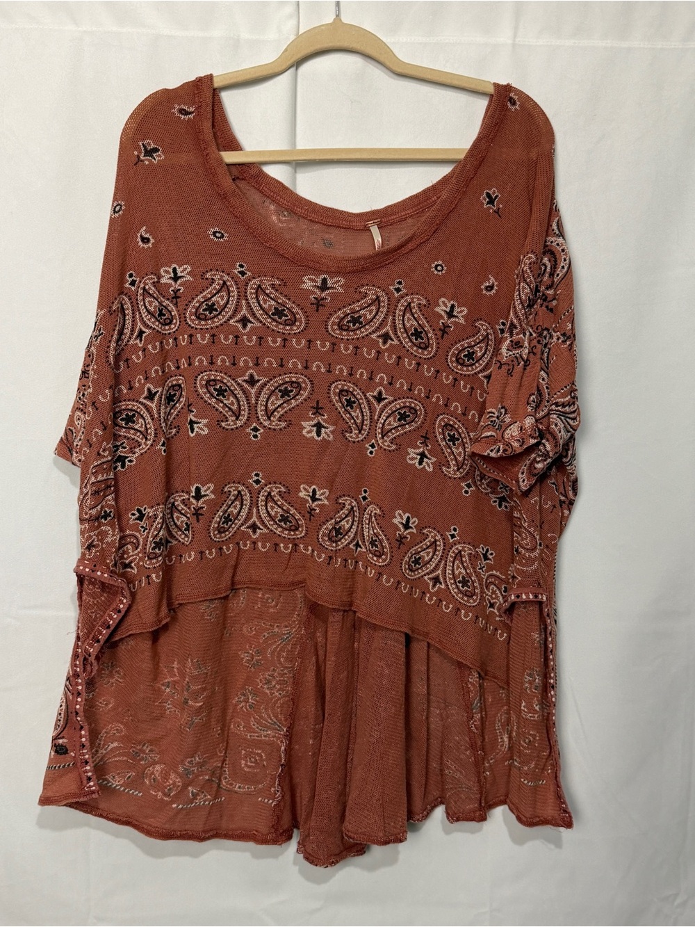 Free People Paisley Oversized Tunic Top Orange Waffle Thermal Sz M